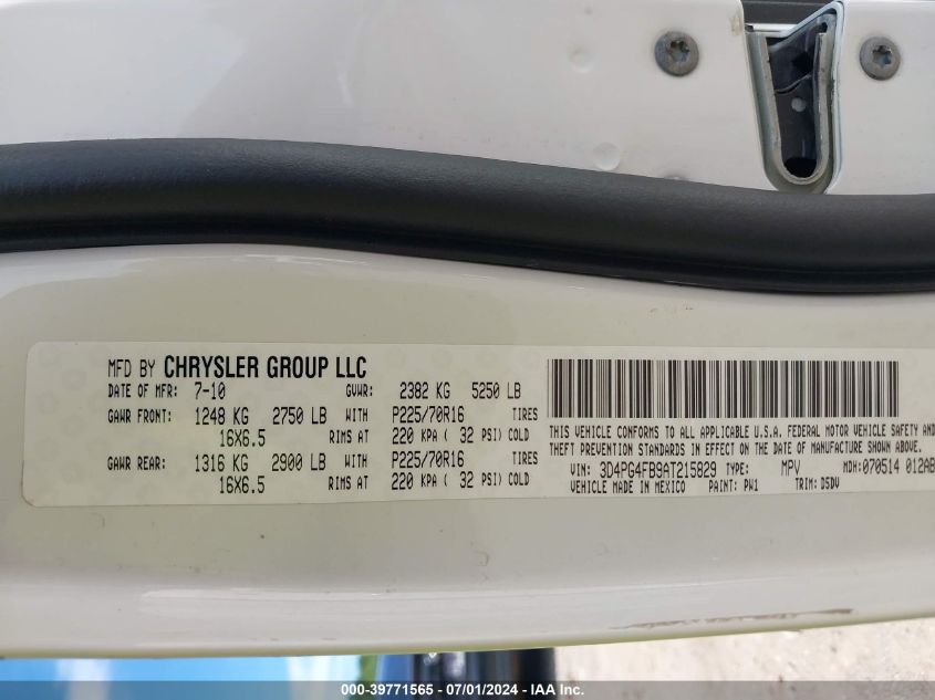 2010 Dodge Journey Se VIN: 3D4PG4FB9AT215829 Lot: 39771565