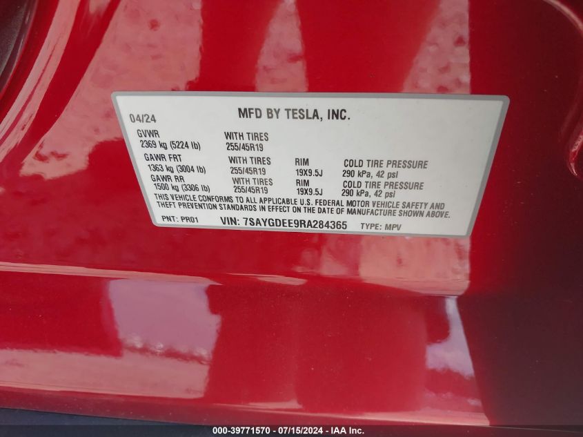 2024 Tesla Model Y Long Range Dual Motor All-Wheel Drive VIN: 7SAYGDEE9RA284365 Lot: 39771570