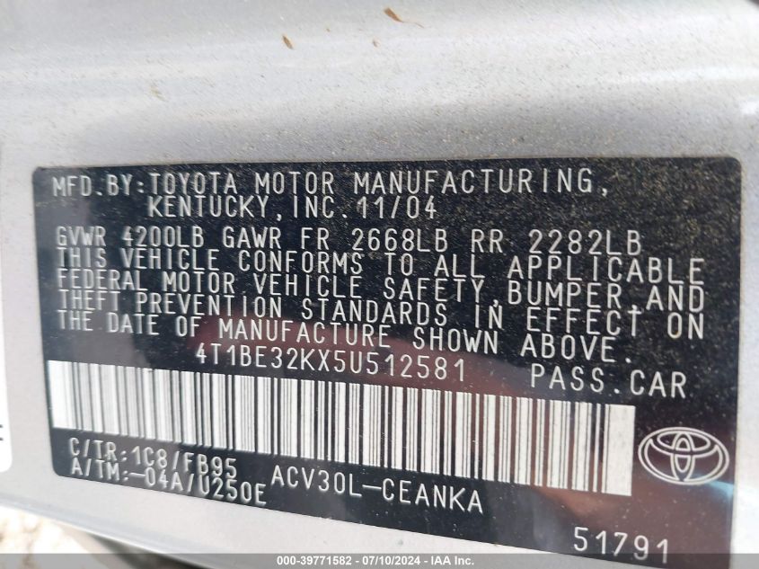 2005 Toyota Camry Le VIN: 4T1BE32KX5U512581 Lot: 39771582