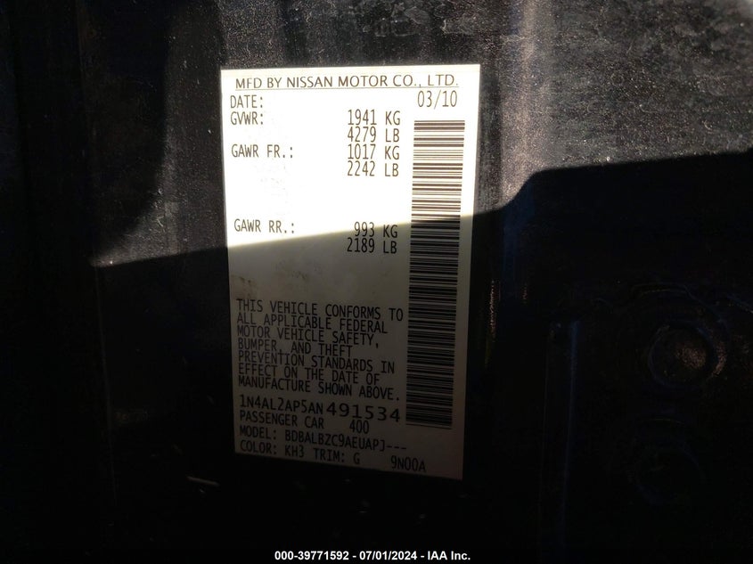 2010 Nissan Altima 2.5 S VIN: 1N4AL2AP5AN491534 Lot: 39771592