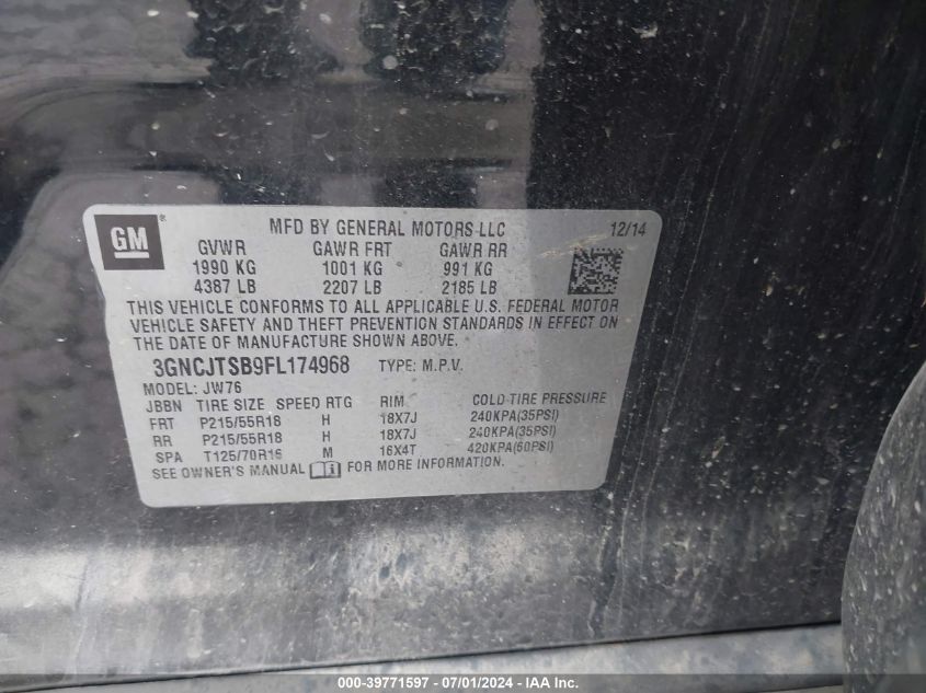 2015 Chevrolet Trax Ltz VIN: 3GNCJTSB9FL174968 Lot: 39771597