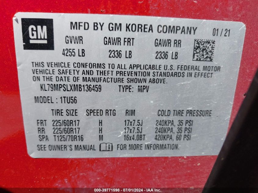 2021 Chevrolet Trailblazer Fwd Lt VIN: KL79MPSLXMB136459 Lot: 39771598