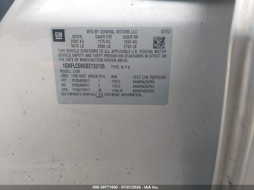 2013 Chevrolet Equinox Ls VIN: 1GNFLCEK6DZ132136 Lot: 39771600