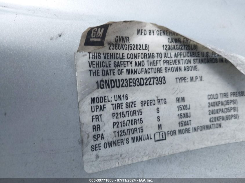 2003 Chevrolet Venture Value Van VIN: 1GNDU23E93D227393 Lot: 39771608