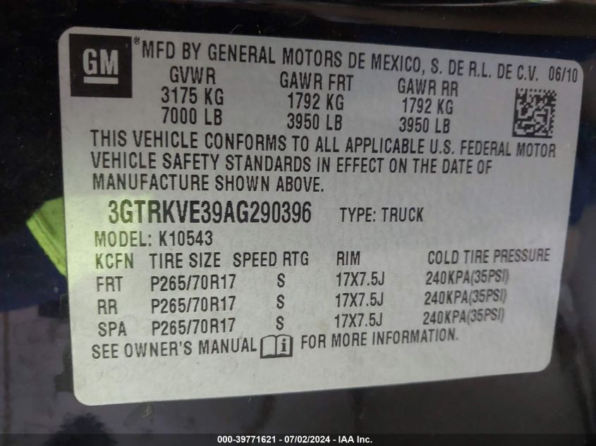 2010 GMC Sierra K1500 Sle VIN: 3GTRKVE39AG290396 Lot: 39771621