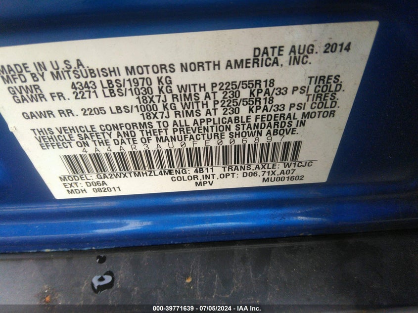 2015 Mitsubishi Outlander Sport Es VIN: 4A4AR3AU0FE006897 Lot: 39771639