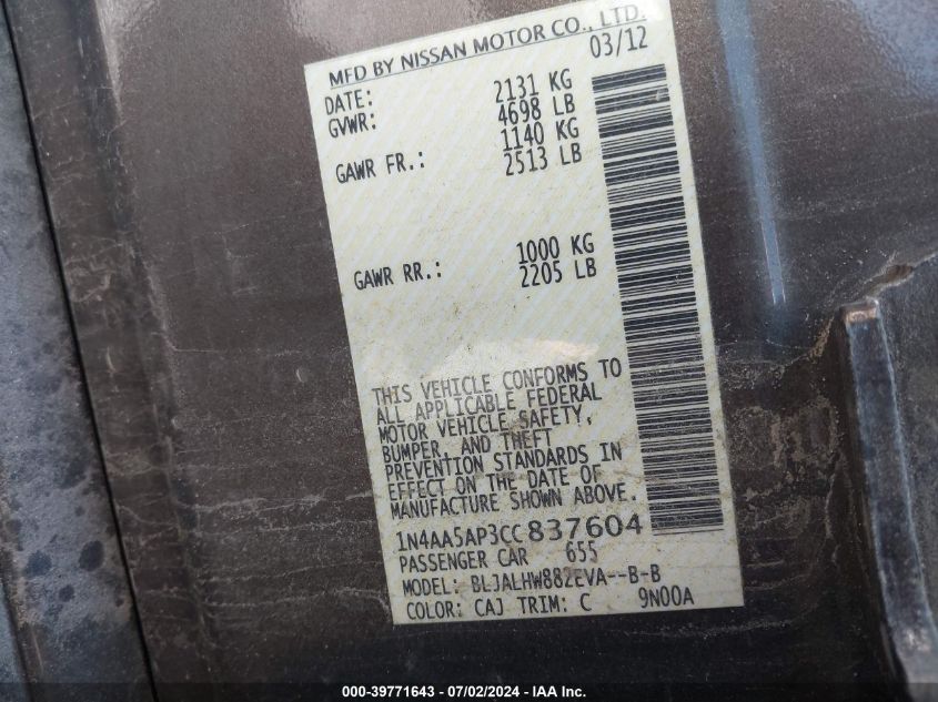 2012 Nissan Maxima S/Sv VIN: 1N4AA5AP3CC837604 Lot: 39771643