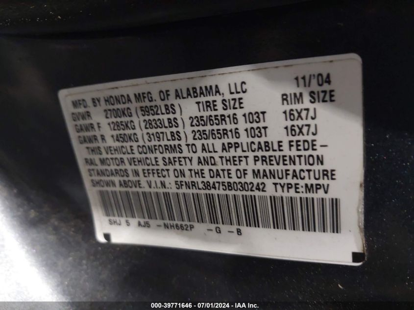 2005 Honda Odyssey Ex VIN: 5FNRL38475B030242 Lot: 39771646