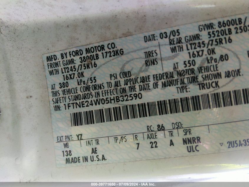 2005 Ford E-250 VIN: 1FTNE24W05HB32590 Lot: 39771650
