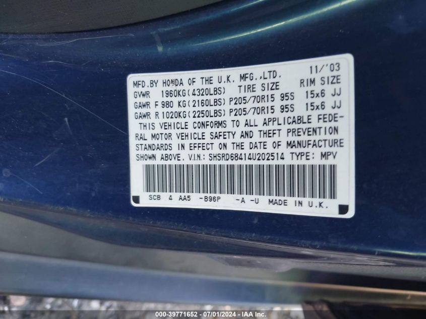 2004 Honda Cr-V Lx VIN: SHSRD68414U202514 Lot: 39771652