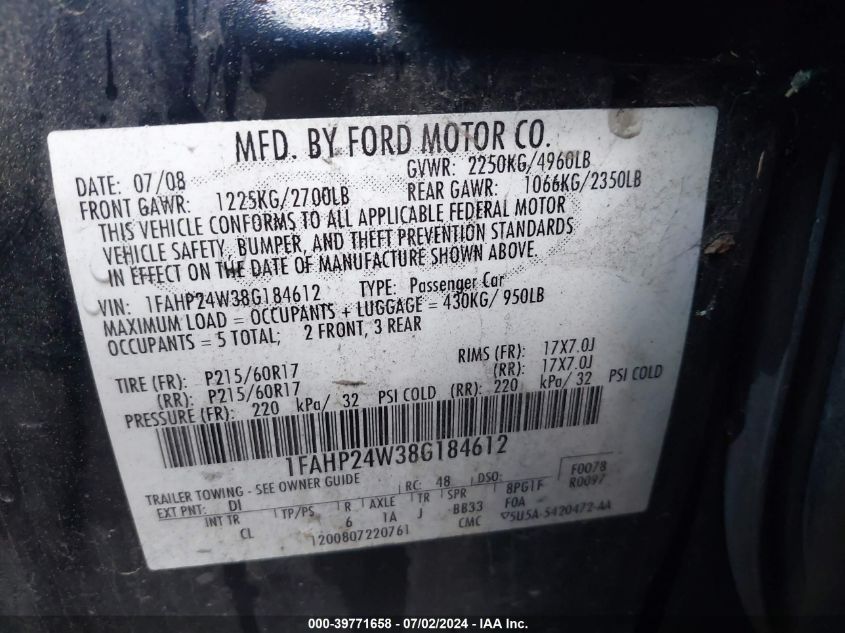 2008 Ford Taurus Sel VIN: 1FAHP24W38G184612 Lot: 39771658