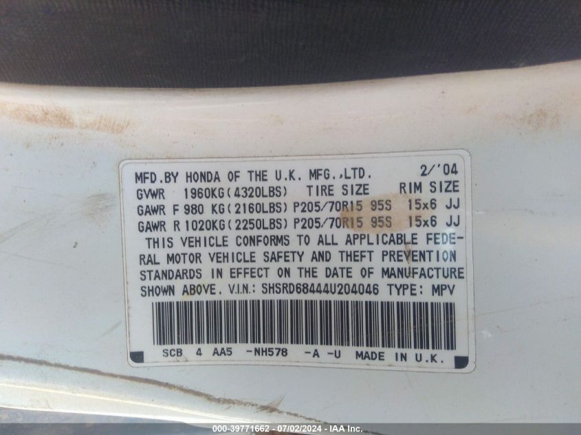 2004 Honda Cr-V Lx VIN: SHSRD68444U204046 Lot: 39771662