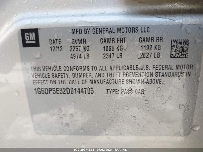 2013 Cadillac Cts Premium VIN: 1G6DP5E32D0144705 Lot: 39771663
