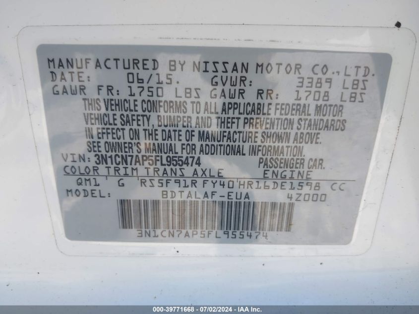 2015 Nissan Versa 1.6 S VIN: 3N1CN7AP5FL955474 Lot: 39771668