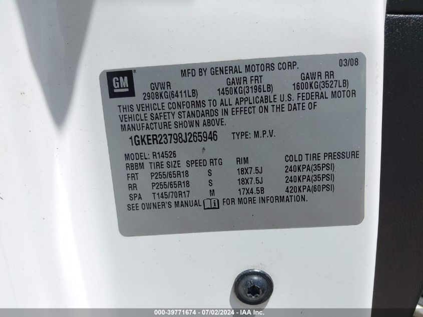 2008 GMC Acadia Slt-1 VIN: 1GKER23798J265946 Lot: 39771674
