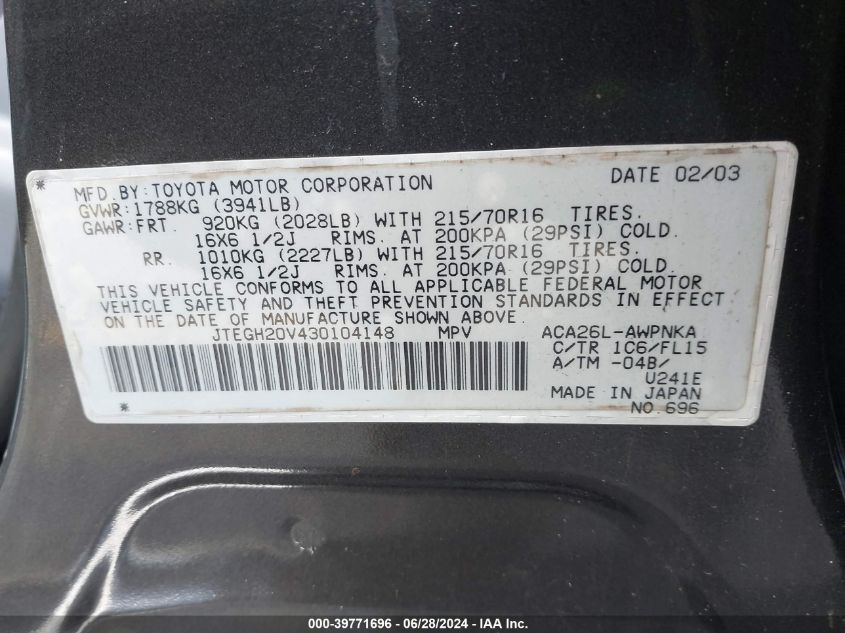 2003 Toyota Rav4 VIN: JTEGH20V430104148 Lot: 39771696