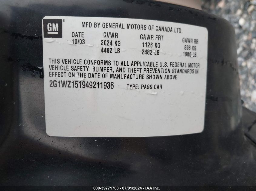 2004 Chevrolet Monte Carlo Supercharged Ss VIN: 2G1WZ151949211936 Lot: 39771703