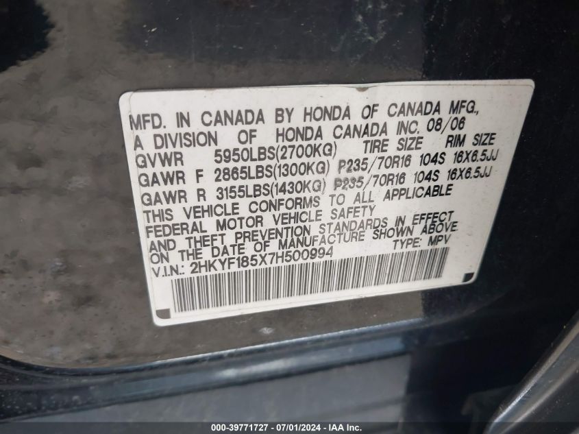 2007 Honda Pilot Ex-L VIN: 2HKYF185X7H500994 Lot: 39771727
