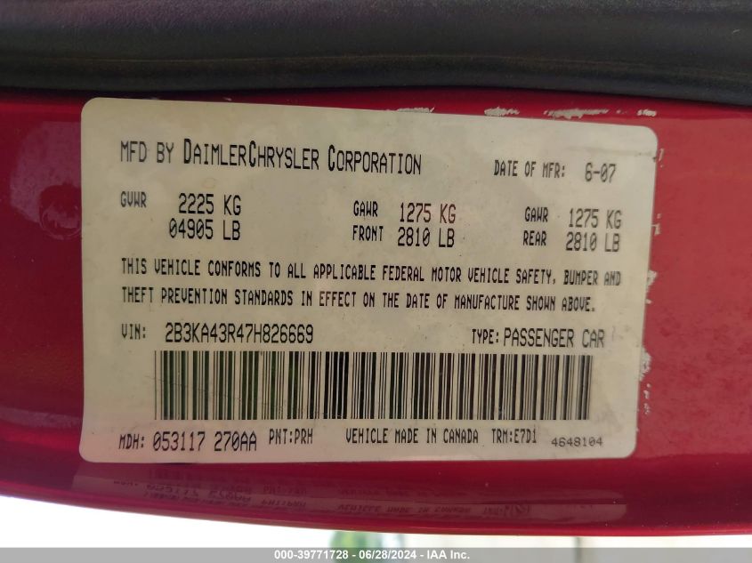 2007 Dodge Charger VIN: 2B3KA43R47H826669 Lot: 39771728