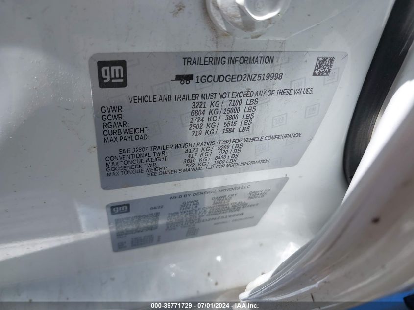 2022 Chevrolet Silverado 1500 4Wd Standard Bed Ltz VIN: 1GCUDGED2NZ519998 Lot: 39771729