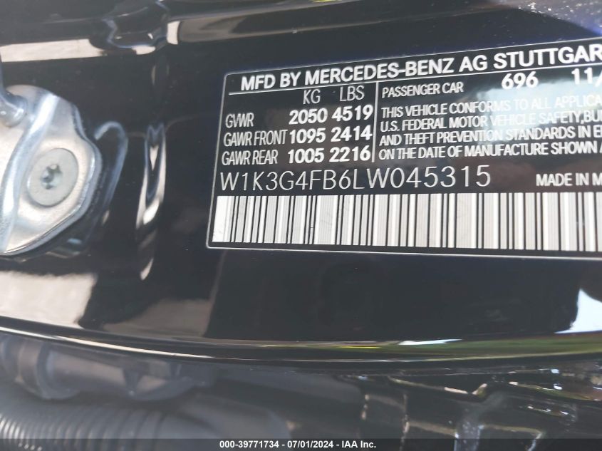 W1K3G4FB6LW045315 2020 Mercedes-Benz A 220 4Matic