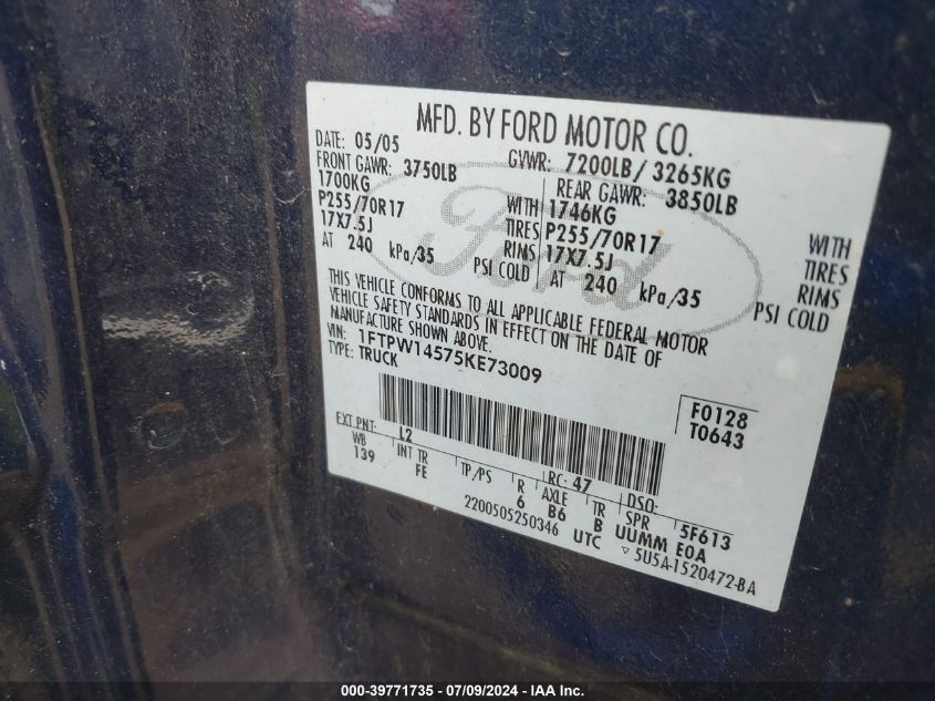 2005 Ford F150 Supercrew VIN: 1FTPW14575KE73009 Lot: 39771735
