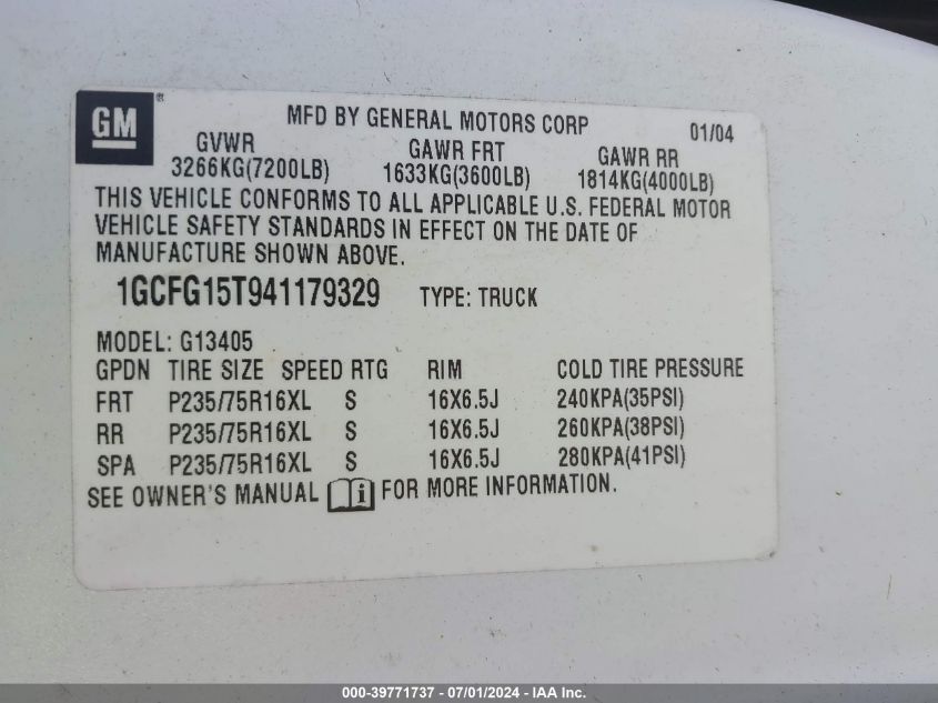 2004 Chevrolet Express VIN: 1GCFG15T941179329 Lot: 39771737