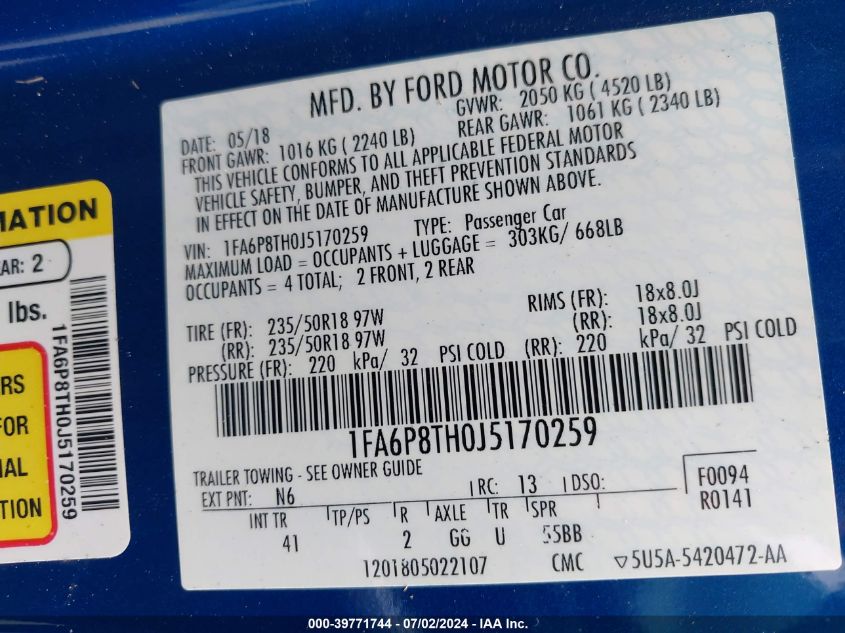 2018 Ford Mustang Ecoboost VIN: 1FA6P8TH0J5170259 Lot: 39771744