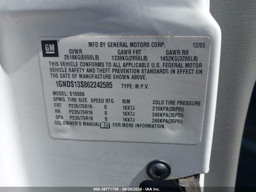 2006 Chevrolet Trailblazer Ls VIN: 1GNDS13S862242585 Lot: 39771750