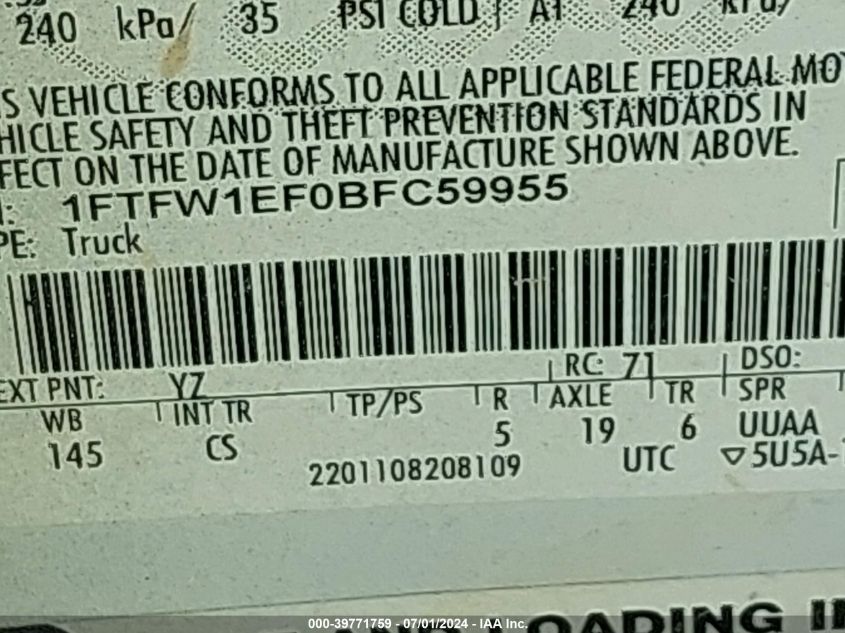 2011 Ford F-150 Xl VIN: 1FTFW1EF0BFC59955 Lot: 39771759