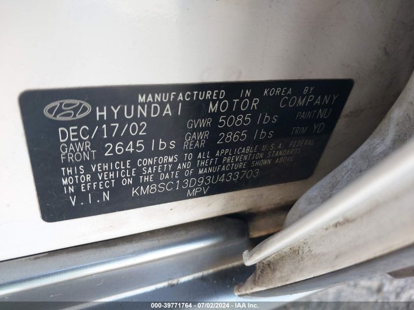 2003 Hyundai Santa Fe Gls/Lx VIN: KM8SC13D93U433703 Lot: 39771764