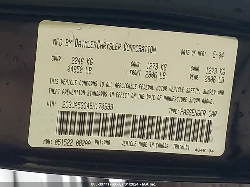 2005 Chrysler 300 Touring VIN: 2C3JA53G45H170599 Lot: 39771768