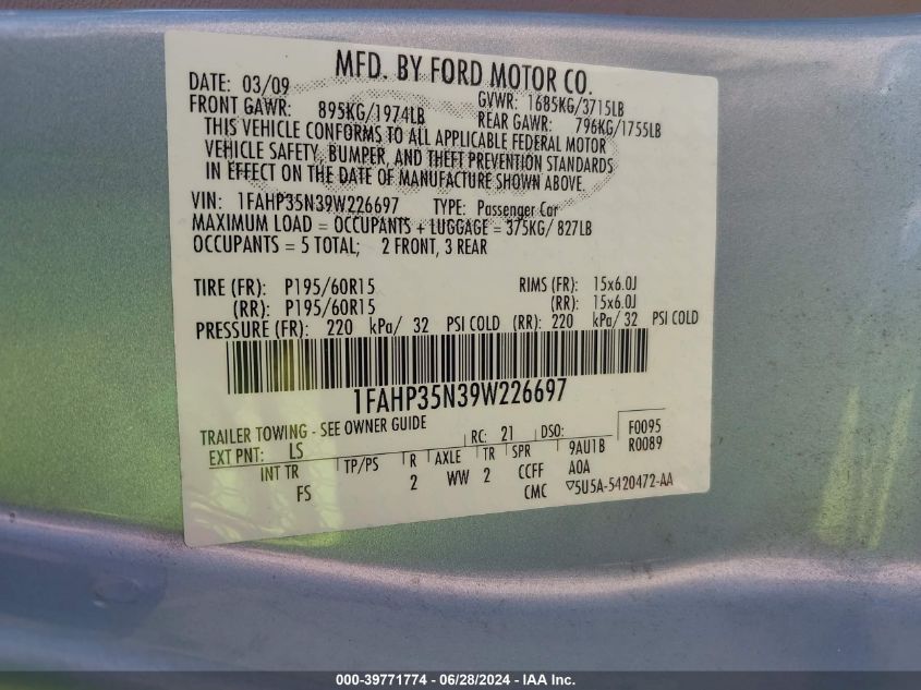 2009 Ford Focus Se VIN: 1FAHP35N39W226697 Lot: 39771774