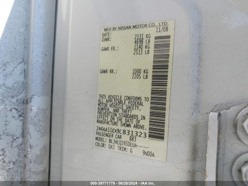 2009 Nissan Maxima 3.5 S VIN: 1N4AA51EX9C831323 Lot: 39771778