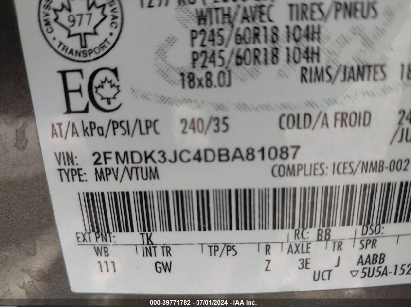 2013 Ford Edge Sel VIN: 2FMDK3JC4DBA81087 Lot: 39771782