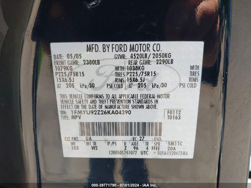 2006 Ford Escape Xls/Xls Manual VIN: 1FMYU92Z26KA04390 Lot: 39771790