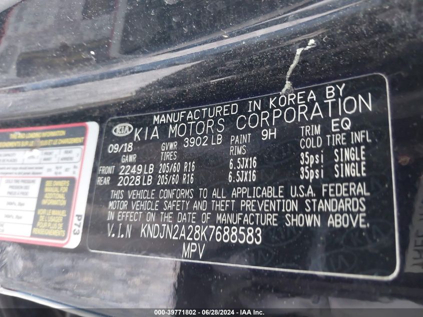 2019 Kia Soul VIN: KNDJN2A28K7688583 Lot: 39771802