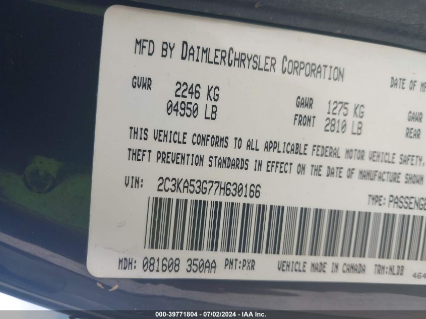 2007 Chrysler 300 Touring VIN: 2C3KA53G77H630166 Lot: 39771804