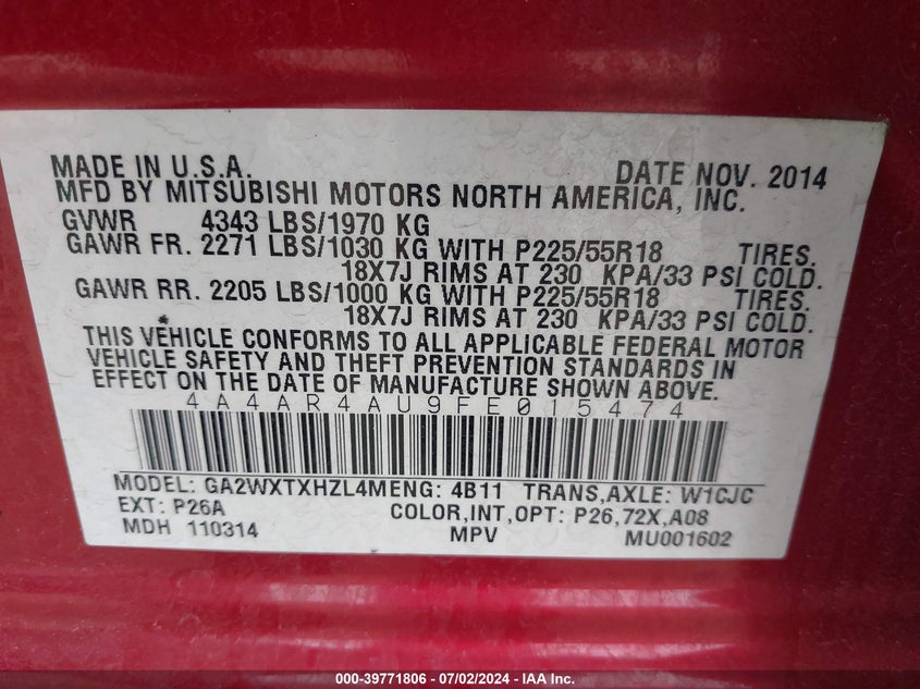 2015 Mitsubishi Outlander Sport Se VIN: 4A4AR4AU9FE015474 Lot: 39771806