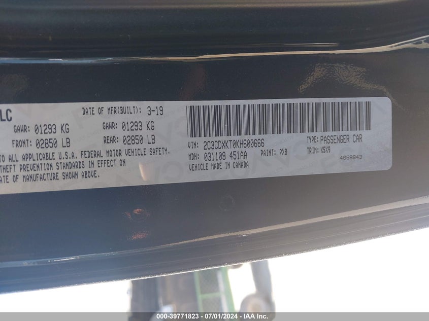 2019 Dodge Charger Police Awd VIN: 2C3CDXKT0KH600666 Lot: 39771823