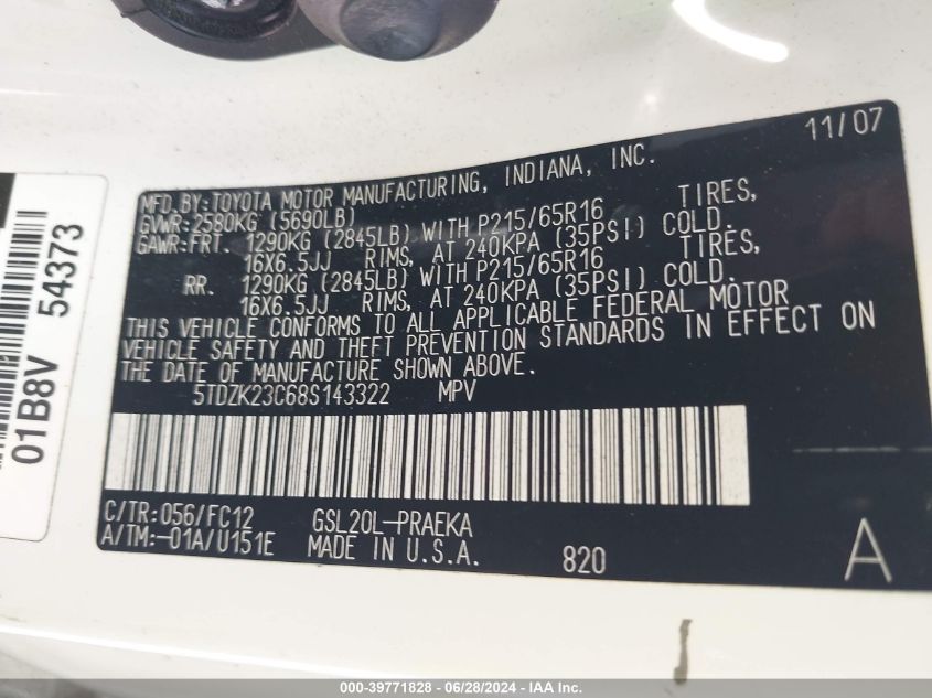 2008 Toyota Sienna Le VIN: 5TDZK23C68S143322 Lot: 39771828