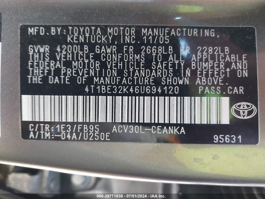 4T1BE32K46U694120 2006 Toyota Camry Le