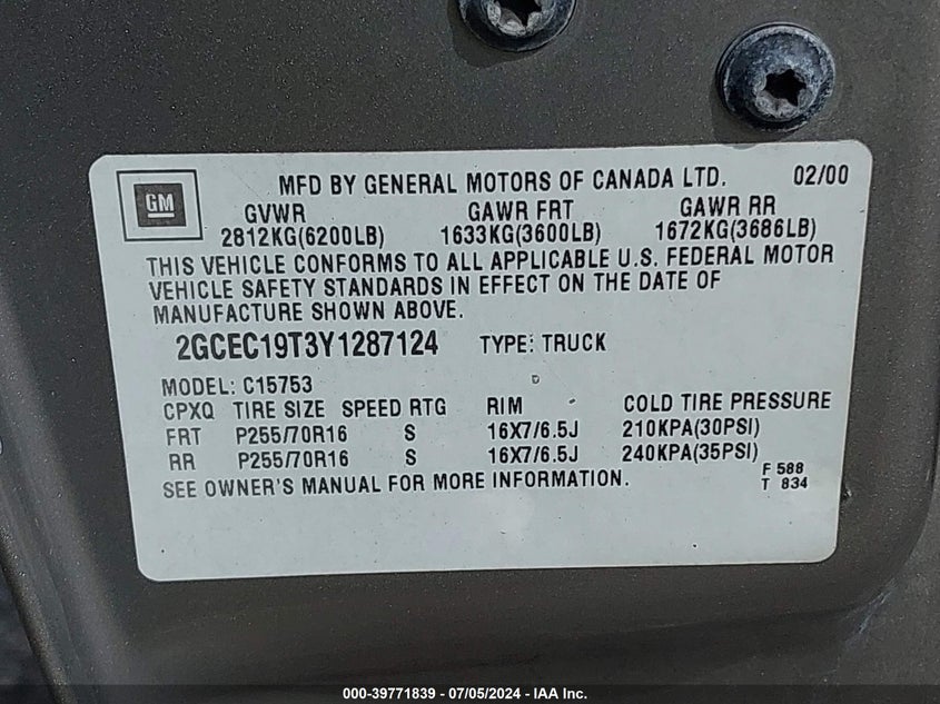 2000 Chevrolet Silverado 1500 Lt VIN: 2GCEC19T3Y1287124 Lot: 39771839