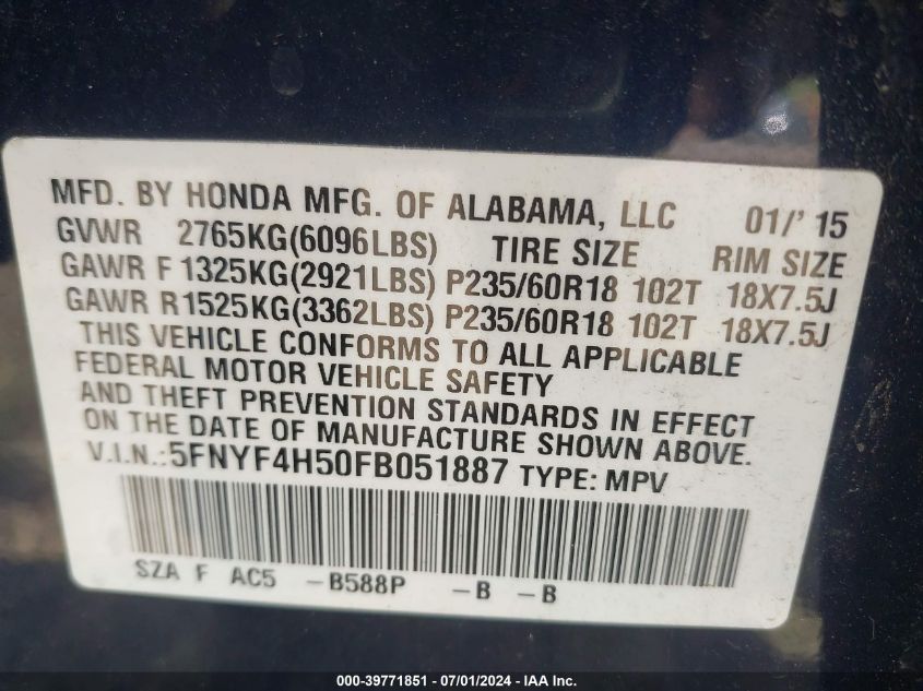 2015 Honda Pilot Ex-L VIN: 5FNYF4H50FB051887 Lot: 39771851