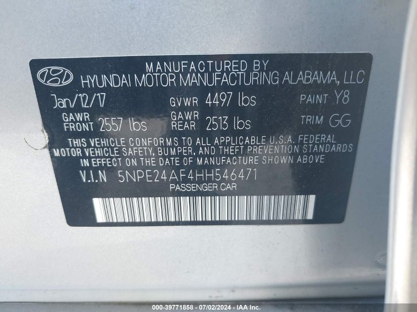 2017 Hyundai Sonata Se VIN: 5NPE24AF4HH546471 Lot: 39771858