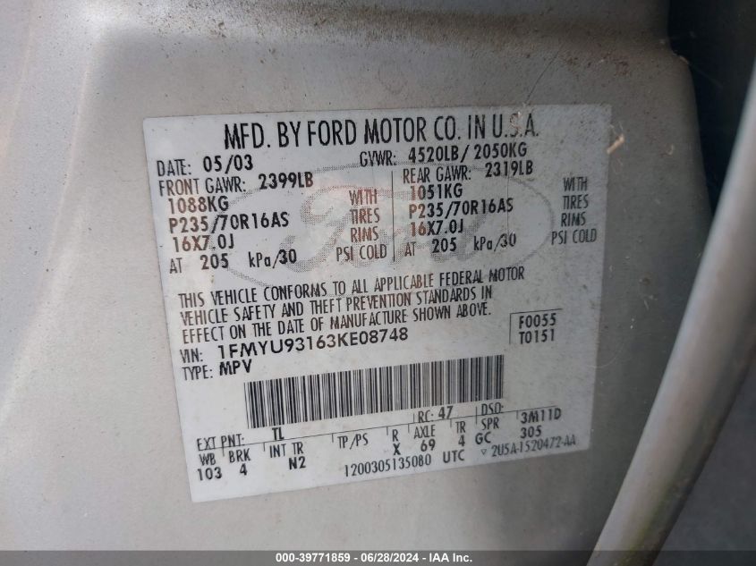 2003 Ford Escape Xlt VIN: 1FMYU93163KE08748 Lot: 39771859