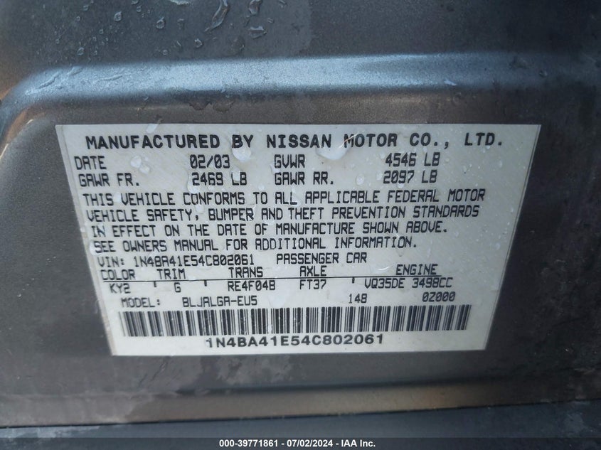 2004 Nissan Maxima 3.5 Sl VIN: 1N4BA41E54C802061 Lot: 39771861