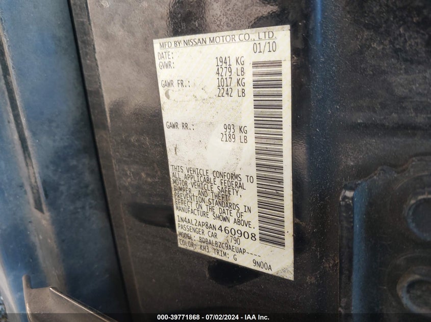 2010 Nissan Altima 2.5 S VIN: 1N4AL2AP8AN460908 Lot: 39771868