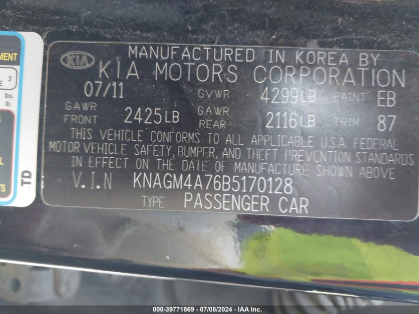 2011 Kia Optima Lx VIN: KNAGM4A76B5170128 Lot: 39771869