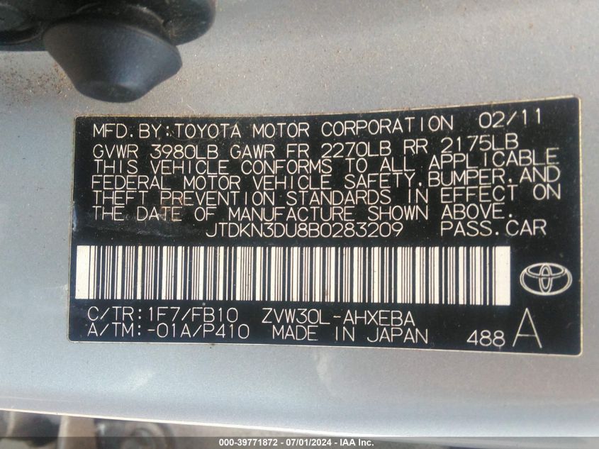 2011 Toyota Prius Three VIN: JTDKN3DU8B0283209 Lot: 39771872